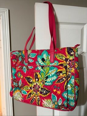 Vera Bradley Red Floral Quilted Tote with Teal Accents